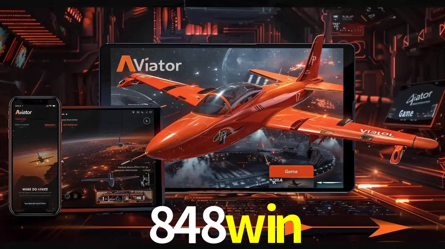 Apresentação tecnológica do jogo Aviator com um avião saindo da tela de um tablet, demonstrando a experiência imersiva em múltiplos dispositivos no 848win.