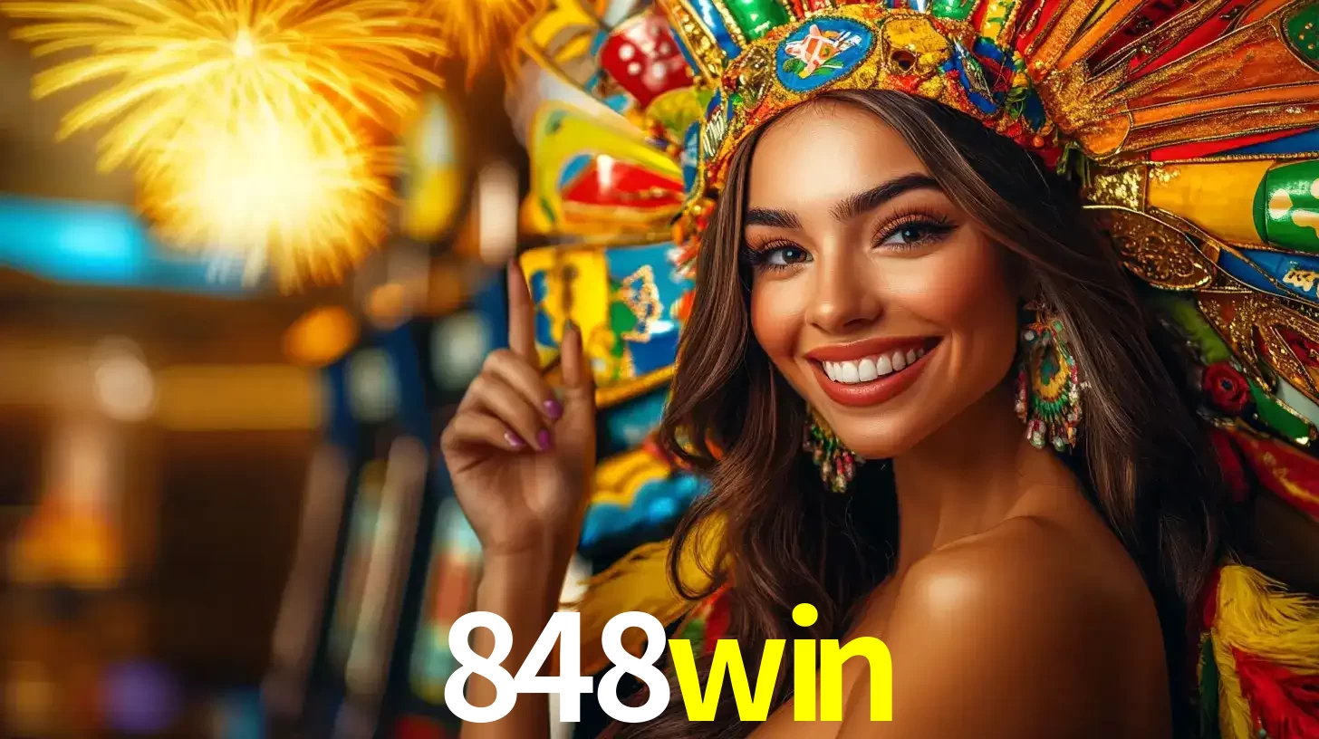 Mulher sorridente com um cocar de carnaval vibrante e colorido, celebrando uma grande vitória nos jogos do cassino 848win com fogos de artifício ao fundo.