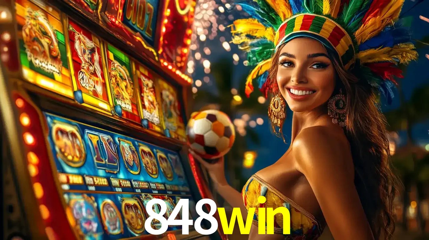 Mulher com um cocar de carnaval ao lado de uma máquina de caça-níqueis enquanto segura uma bola de futebol, mostrando a união da diversão de cassino e esportes no 848win.