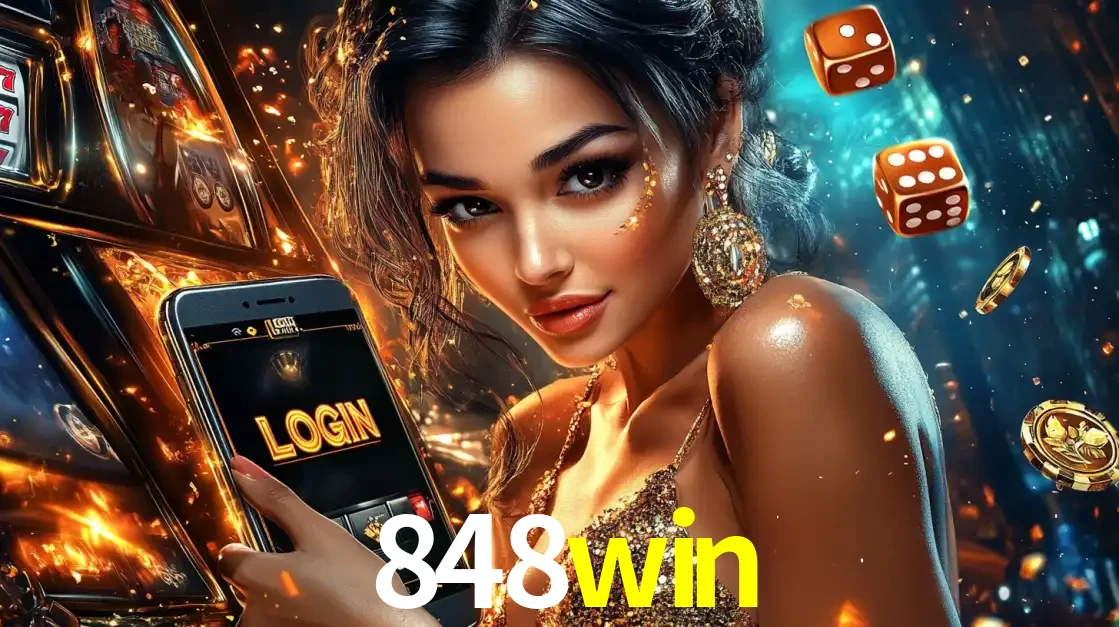 Mulher glamourosa segurando um celular com a tela de login do cassino 848win, rodeada por dados e moedas douradas, pronta para começar a diversão.