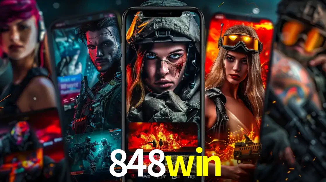 Montagem de telas de celular mostrando diversos personagens, masculinos e femininos, de um jogo de tiro, ilustrando a diversidade de equipes de e-sports para apostar no 848win.