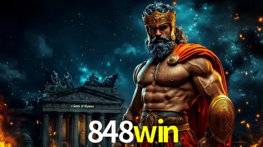 O poderoso Zeus do jogo de slot Gates of Olympus em frente ao seu templo, pronto para lançar multiplicadores divinos e prêmios épicos no cassino online 848win.