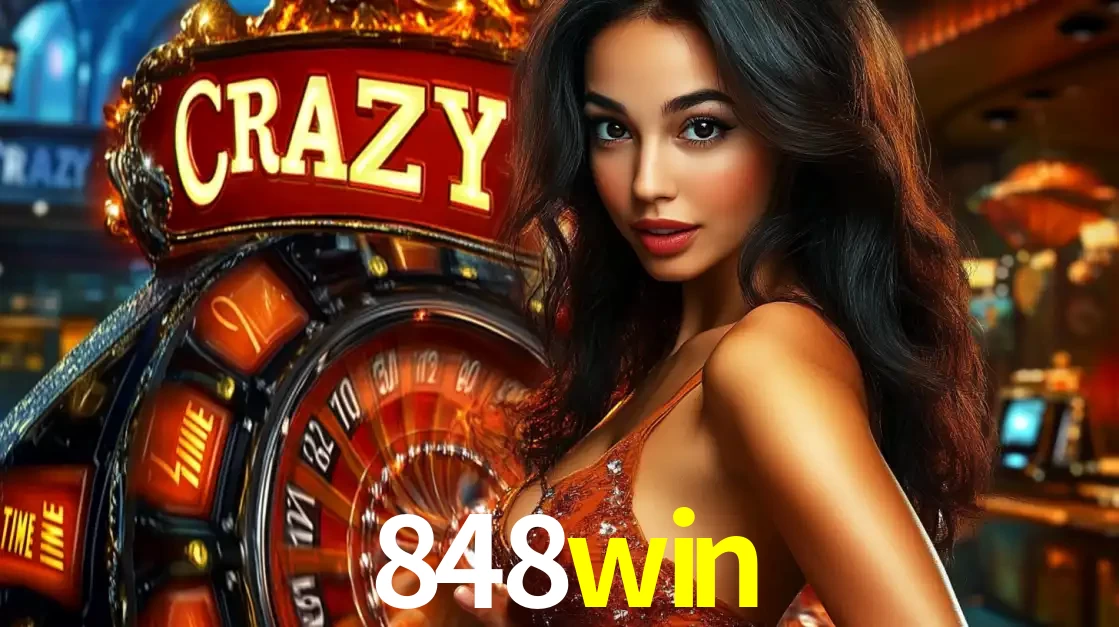 Mulher glamourosa olhando para a câmera com a roda vermelha do Crazy Time ao fundo em um ambiente de cassino, destacando a emoção dos jogos ao vivo no 848win.