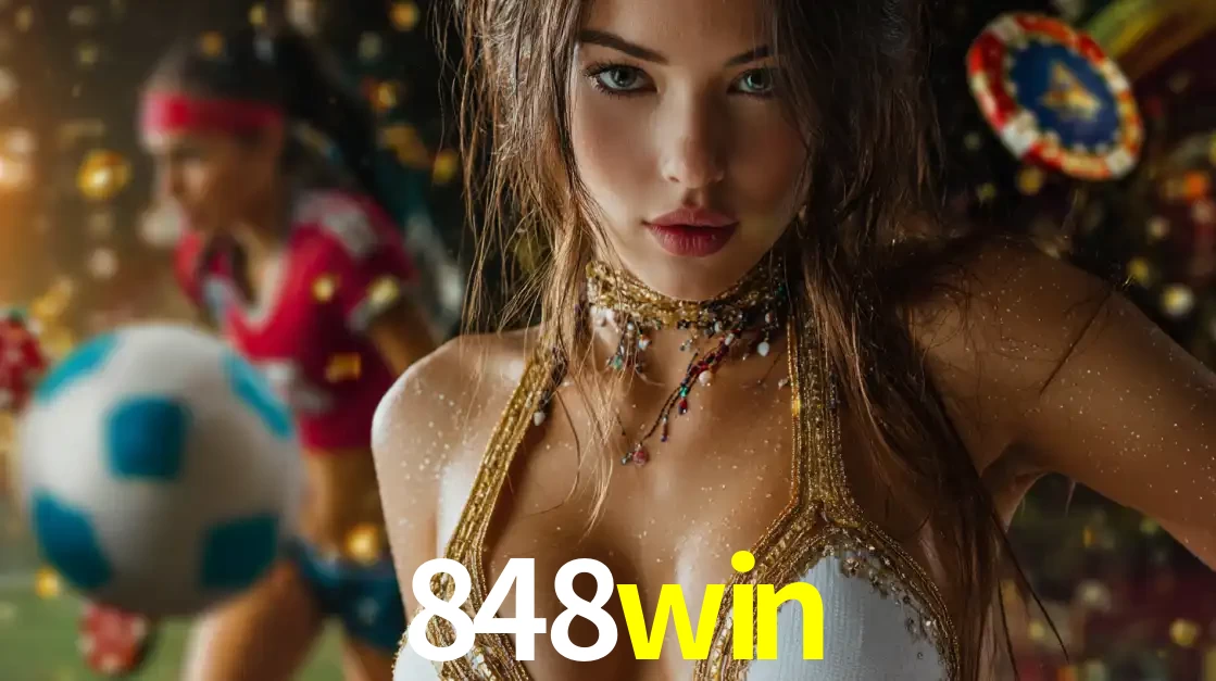 Mulher elegante representando a combinação de glamour e emoção das apostas esportivas, com uma jogadora de futebol ao fundo, destacando a ação no 848win.