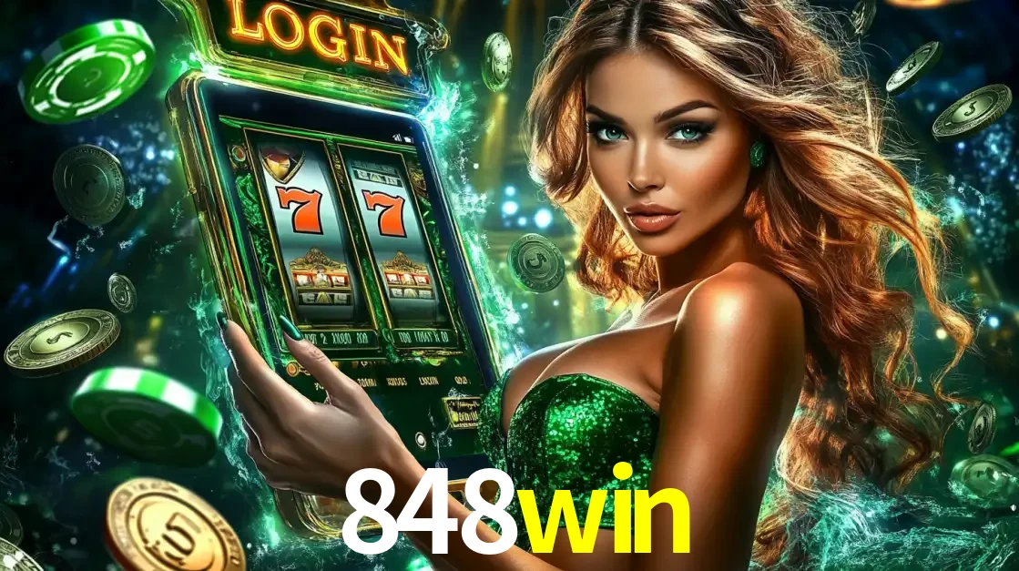 Mulher com tema verde apresentando o aplicativo do cassino 848win com um jogo de slot de 777, cercada por fichas de cassino e uma aura de sorte.