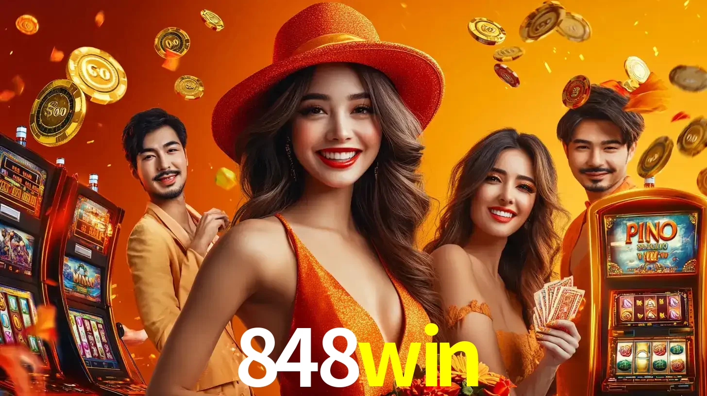 Grupo de amigos asiáticos sorrindo e se divertindo com máquinas de caça-níqueis em um ambiente festivo, celebrando suas vitórias nos jogos de cassino do 848win.