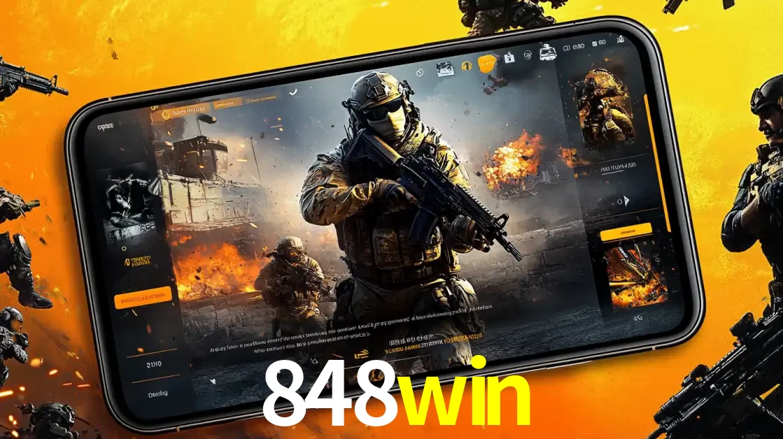 Um smartphone exibindo a interface de um jogo de tiro em primeira pessoa, com um soldado em um cenário de batalha, representando a ação dos e-sports para apostar no 848win.