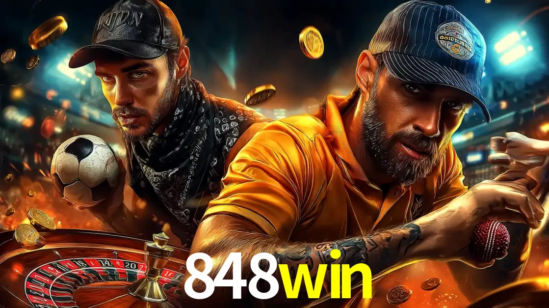 Montagem de apostas esportivas e cassino no 848win, com um homem segurando uma bola de futebol e outro uma de beisebol sobre uma roleta e moedas voadoras.