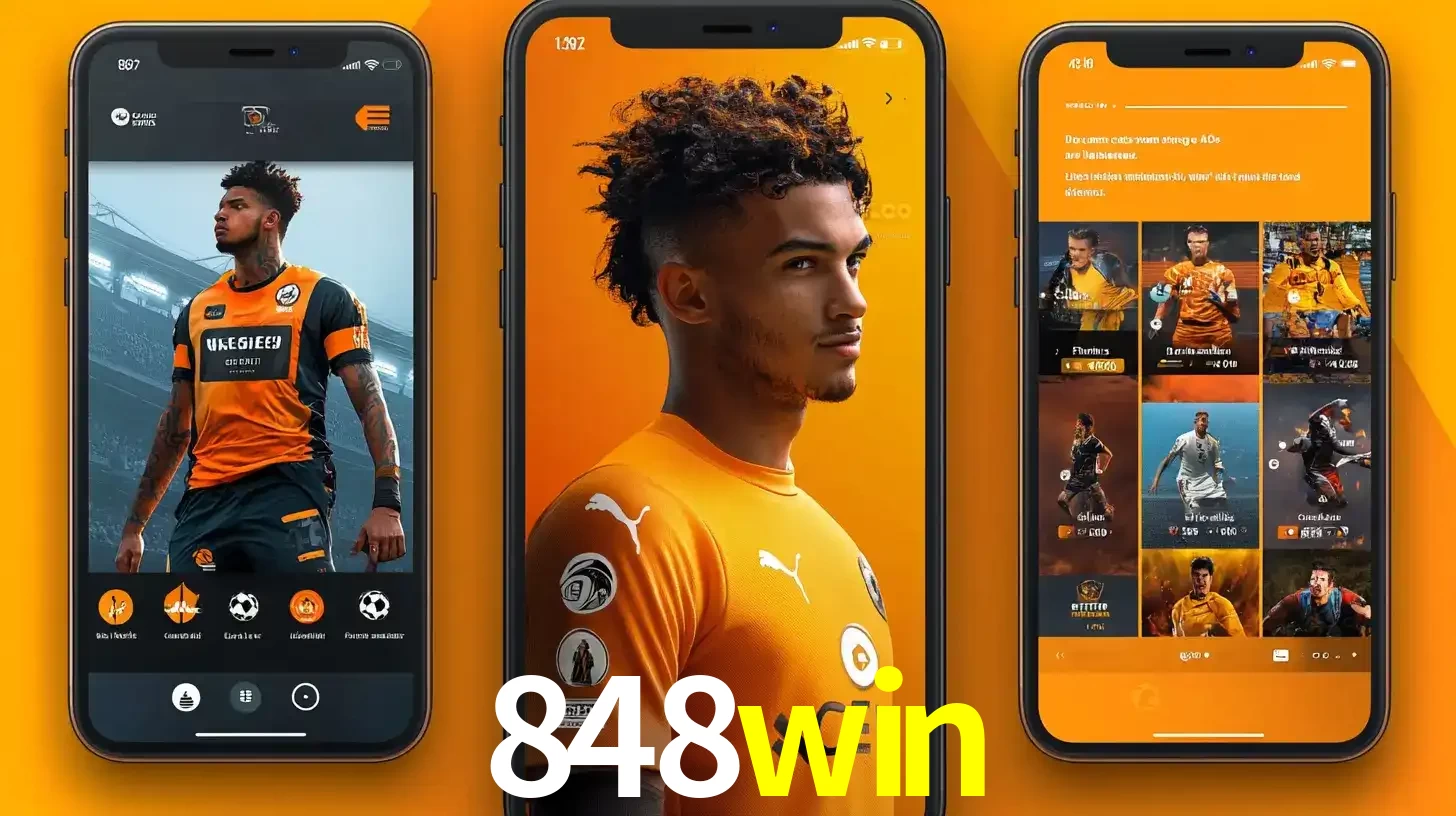 Interface do aplicativo de apostas esportivas 848win em três telas de celular, mostrando o perfil de um jogador de futebol e a lista de jogos disponíveis para apostar.