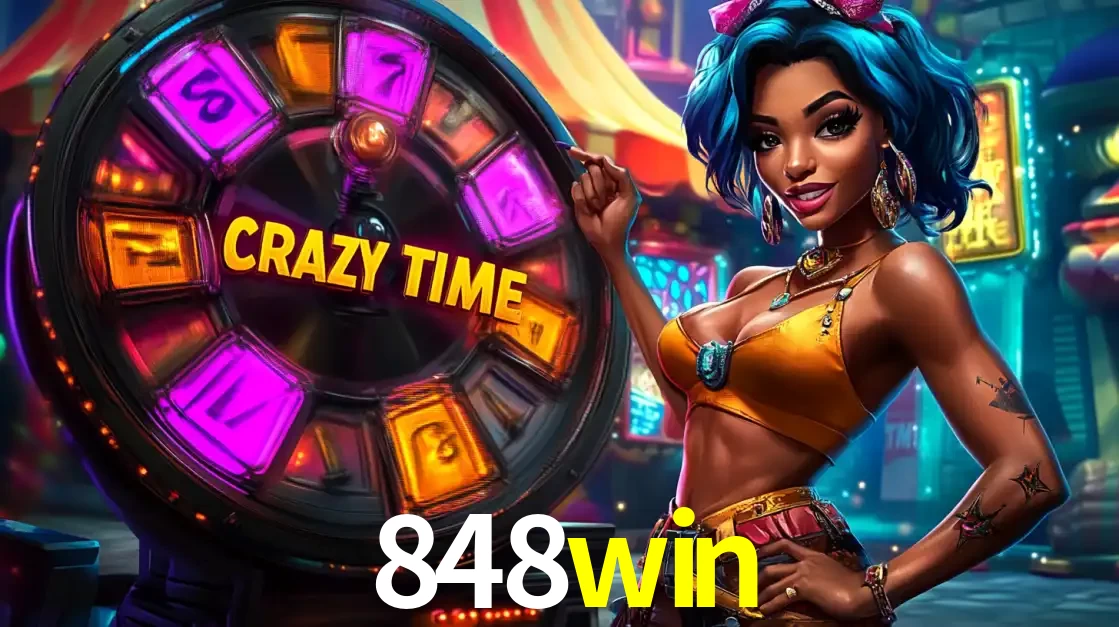 Mulher estilizada com cabelo azul e visual vibrante posando ao lado da roda de prêmios do game show Crazy Time, convidando para a diversão e os bônus do cassino 848win.