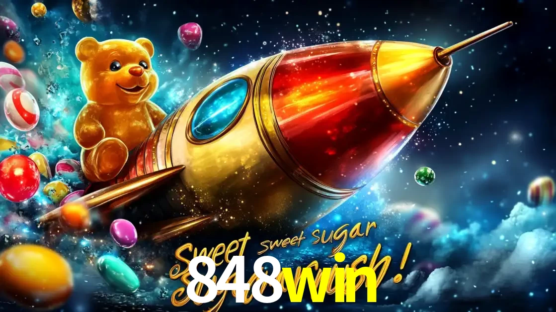 Arte promocional do jogo de slot Sugar Rush, com um urso de pelúcia em um foguete viajando pelo espaço de doces, um dos jogos divertidos disponíveis no cassino 848win.