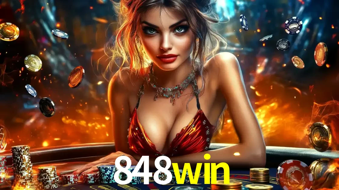 Mulher em uma mesa de cassino com pilhas de fichas e um fundo de fogo, pronta para uma rodada de altas apostas nos jogos de mesa emocionantes do cassino 848win.