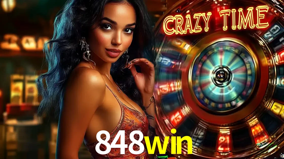 Mulher elegante ao lado da vibrante roda da fortuna do jogo de cassino ao vivo Crazy Time, um dos game shows mais populares e cheios de prêmios do 848win.
