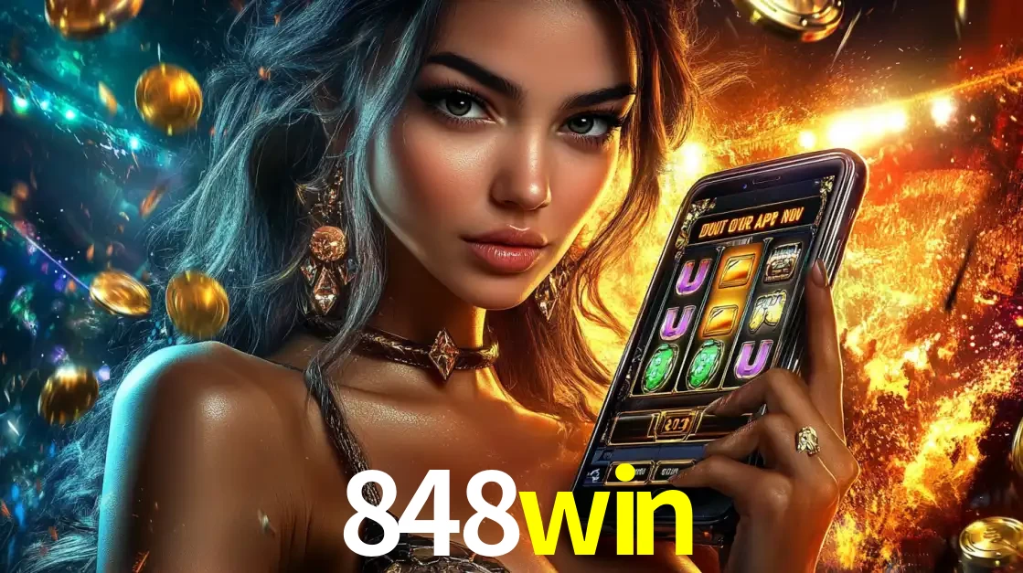 Mulher elegante mostrando um jogo de caça-níqueis em seu smartphone, destacando a experiência de cassino móvel oferecida pelo aplicativo 848win.