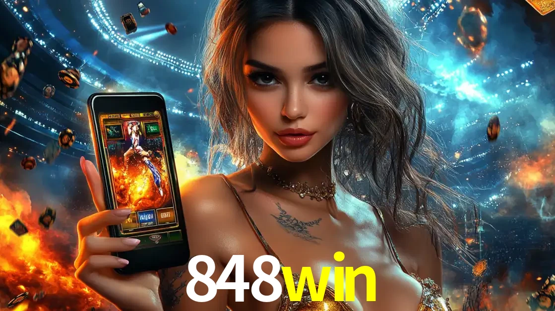Mulher segurando um celular com um jogo de slot em destaque, tendo como fundo um estádio vibrante, simbolizando a emoção de jogar no cassino móvel 848win.