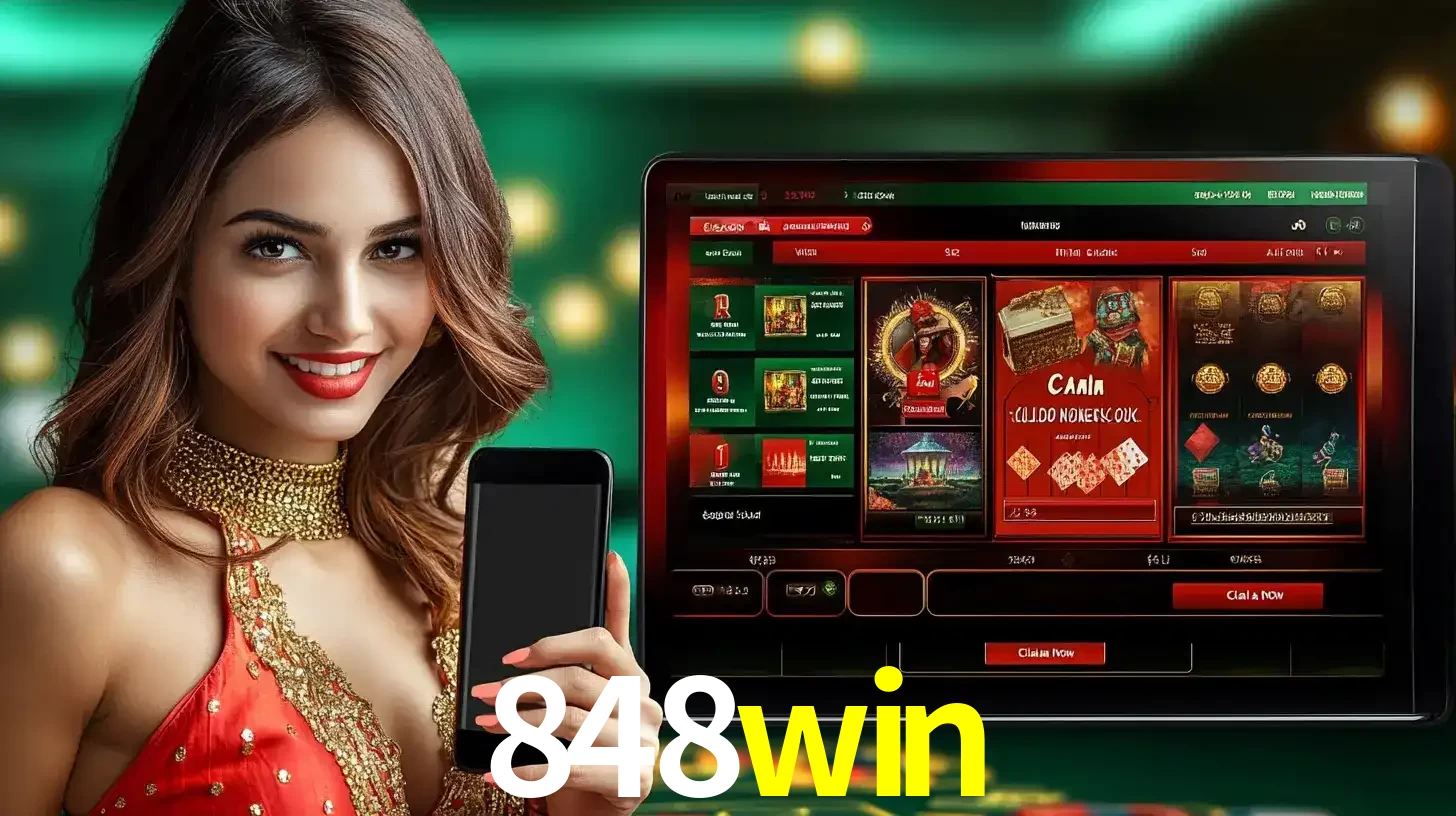 Mulher sorridente segurando um smartphone, ao lado de uma tela exibindo o lobby de jogos do cassino online 848win, com várias opções de jogos de cartas e slots.