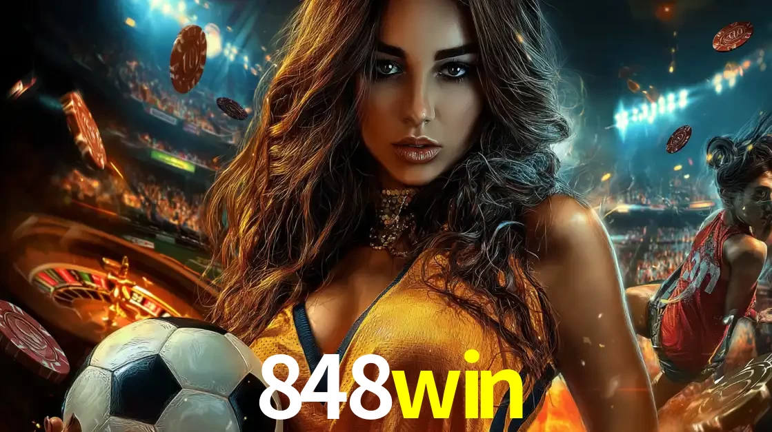 Mulher segurando uma bola de futebol em uma montagem que mistura a paixão esportiva com a emoção da roleta de cassino, tudo disponível na plataforma 848win.